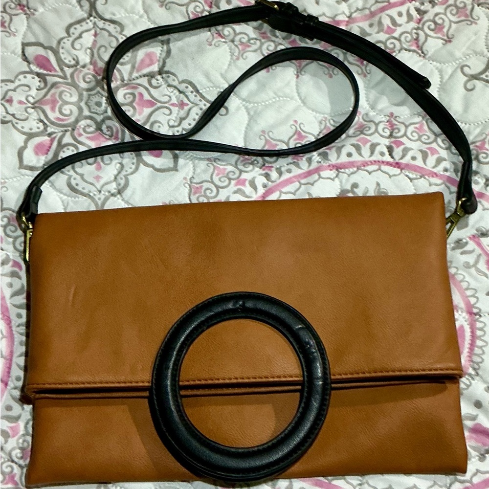 Anthropologie Camel Tan Clutch with Black Ring Handle - Picture 11 of 12